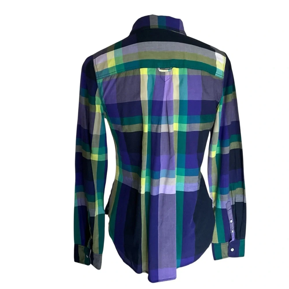 Plaid Long Sleeve Button Front Shirt 100% Cotton Purple Blue Green Women’s M - Picture 2 of 11